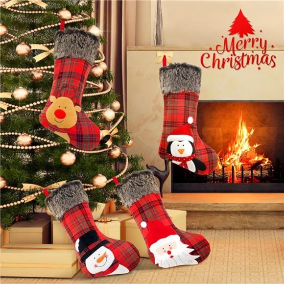 Christmas Stocking, 4 Pack 19 inch Xmas Stockings wiht Snowflake Santa Snowman - Picture 5 of 8